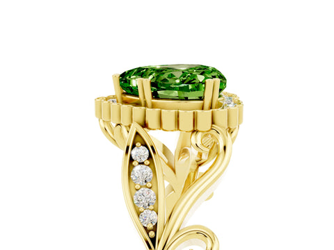 Yellow gold Heart Cut Peridot Halo Ring with Vintage Split Shank and Four-Prong Setting_5