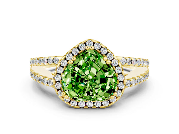 Yellow gold Heart Cut Peridot Halo Split Shank Engagement Ring