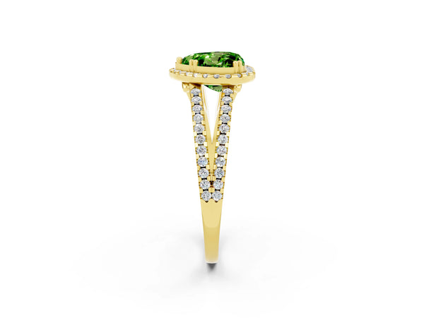 Yellow gold Heart Cut Peridot Halo Split Shank Engagement Ring