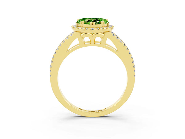 Yellow gold Heart Cut Peridot Halo Split Shank Engagement Ring