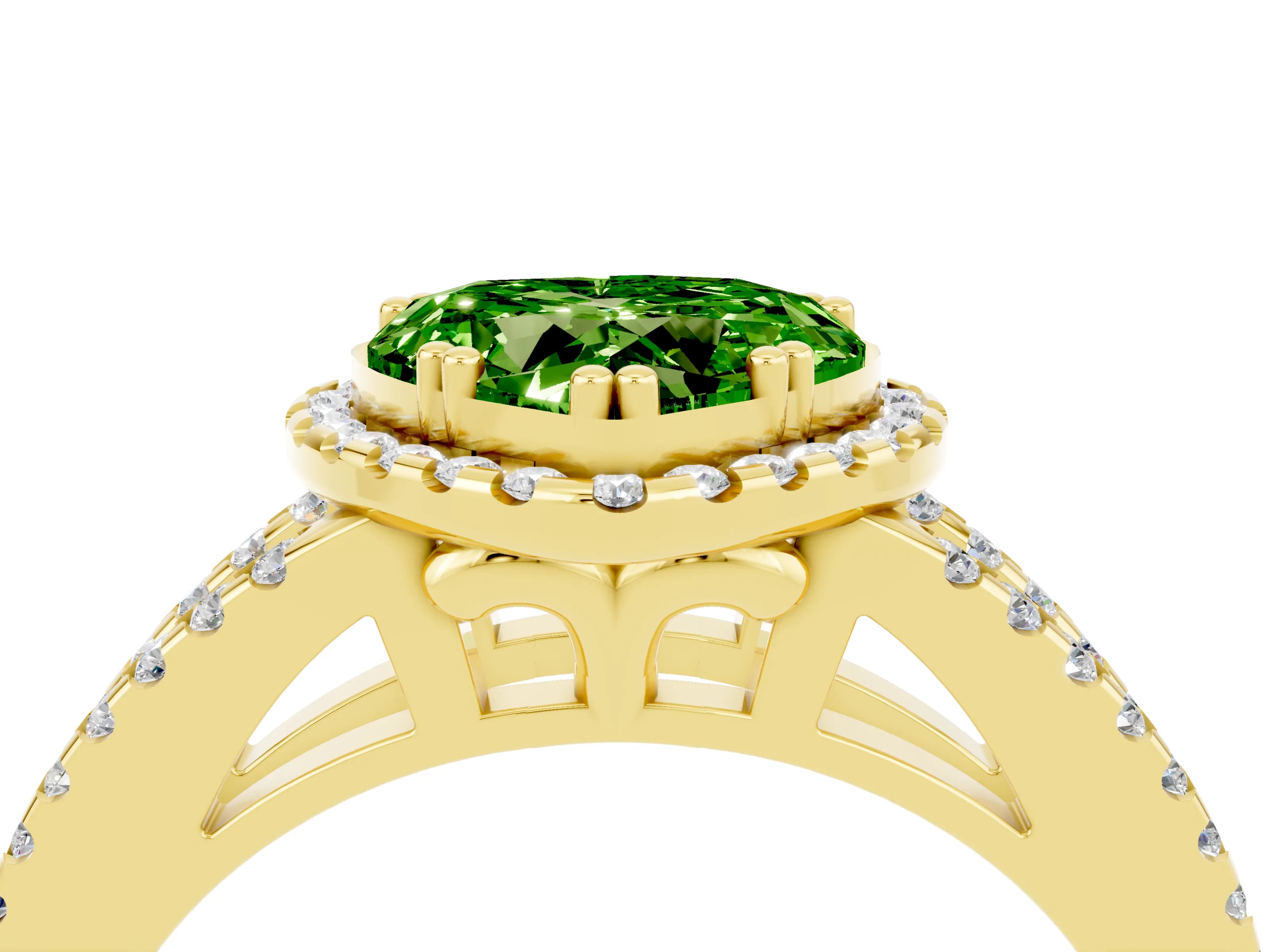Yellow gold Heart Cut Peridot Halo Split Shank Engagement Ring_16