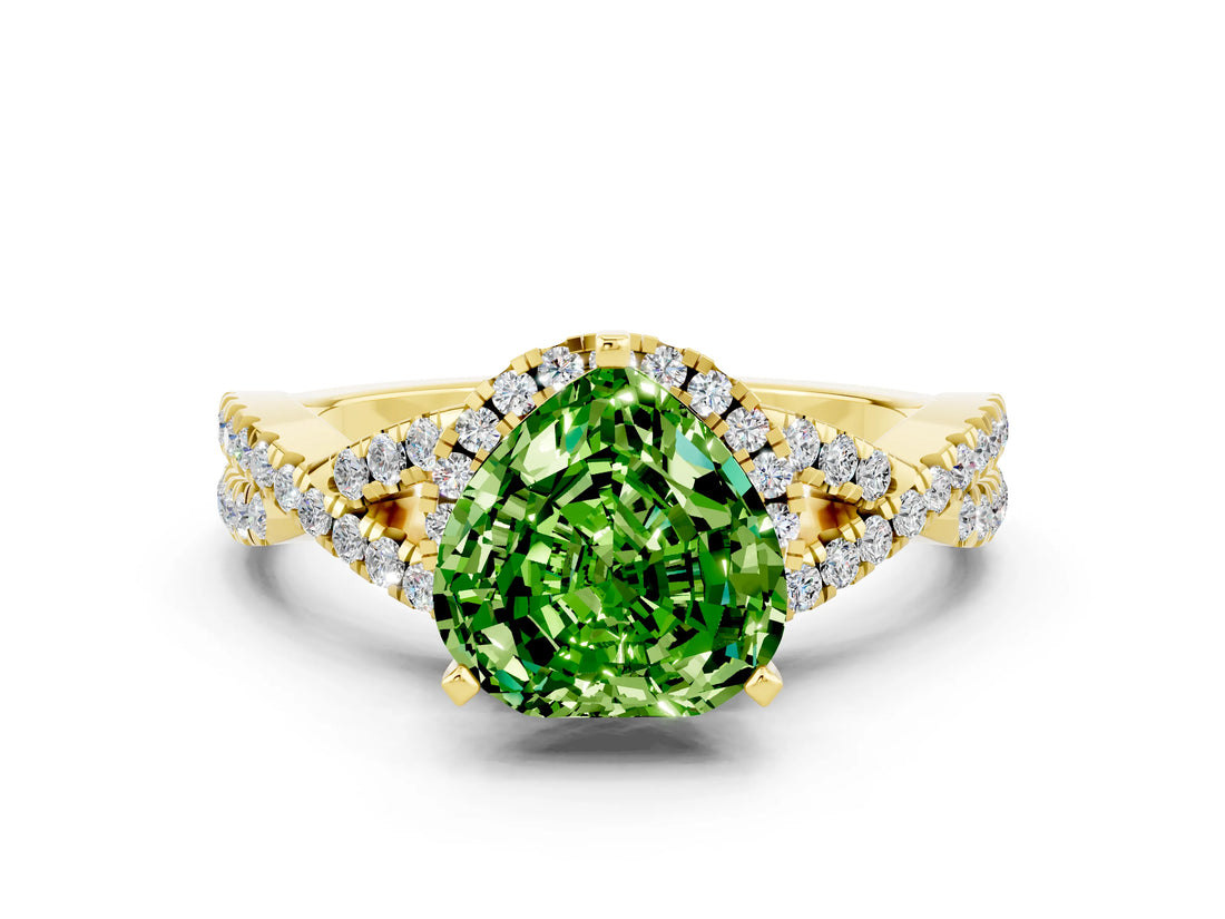 Yellow gold Heart Cut Peridot Halo Twist Band Solitaire Prong Setting Ring