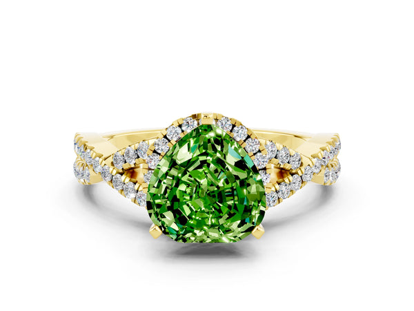 Yellow gold Heart Cut Peridot  Halo Twist Band Solitaire Prong Setting Ring