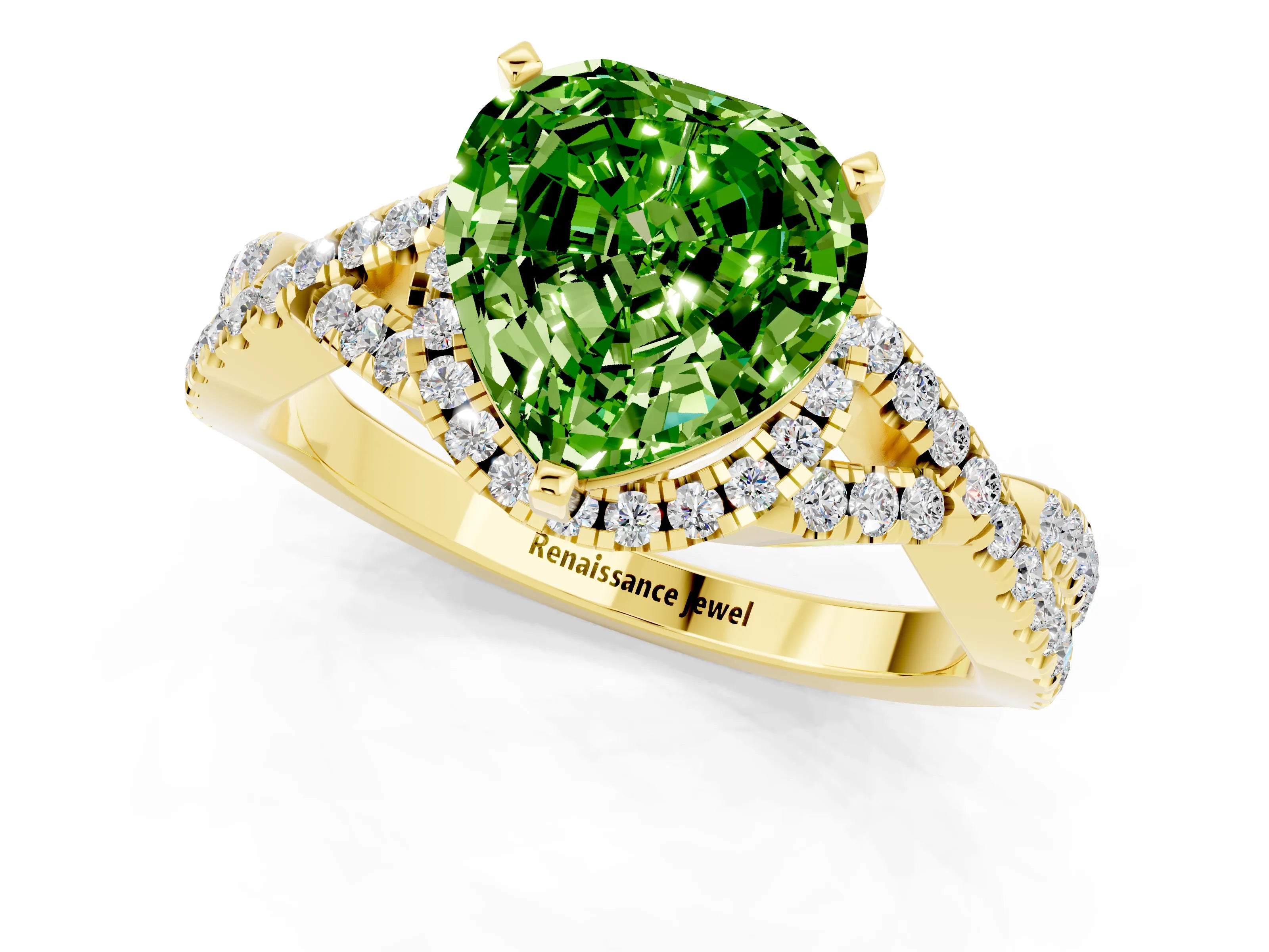 Yellow gold Heart Cut Peridot Halo Twist Band Solitaire Prong Setting Ring_1