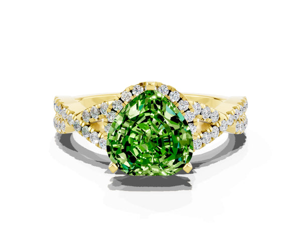 Yellow gold Heart Cut Peridot  Halo Twist Band Solitaire Prong Setting Ring