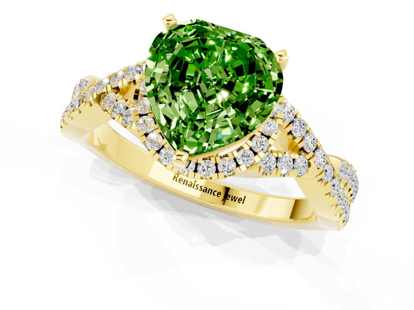 Yellow gold Heart Cut Peridot  Halo Twist Band Solitaire Prong Setting Ring