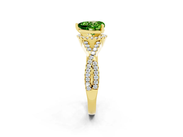 Yellow gold Heart Cut Peridot  Halo Twist Band Solitaire Prong Setting Ring