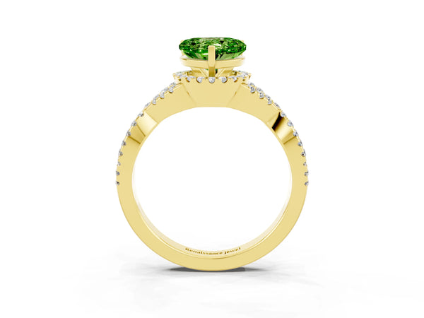 Yellow gold Heart Cut Peridot  Halo Twist Band Solitaire Prong Setting Ring