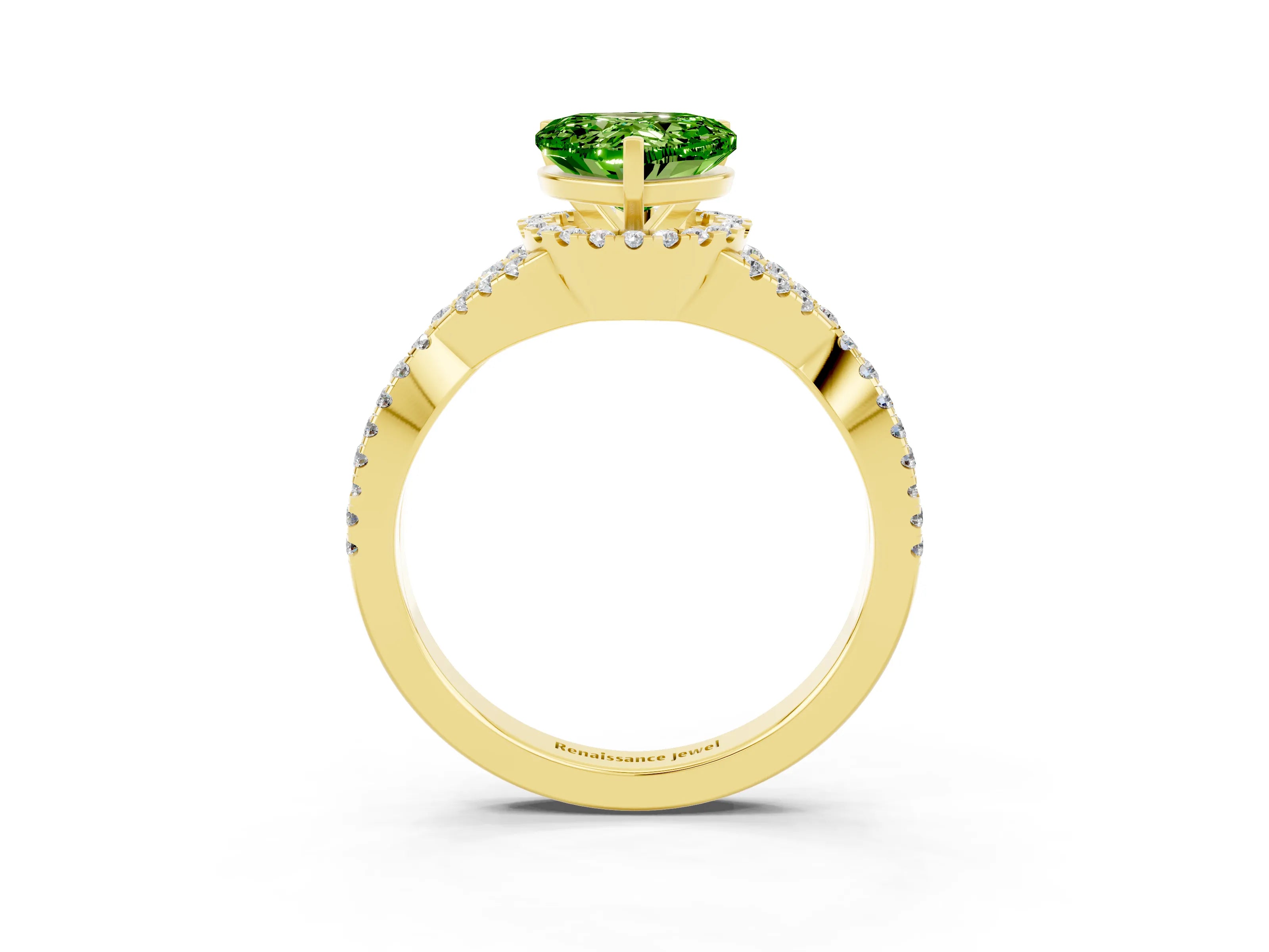 Yellow gold Heart Cut Peridot Halo Twist Band Solitaire Prong Setting Ring_3