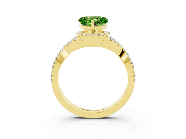 Yellow gold Heart Cut Peridot  Halo Twist Band Solitaire Prong Setting Ring