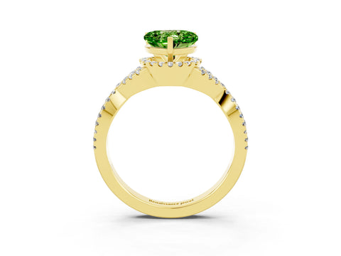 Yellow gold Heart Cut Peridot Halo Twist Band Solitaire Prong Setting Ring_3