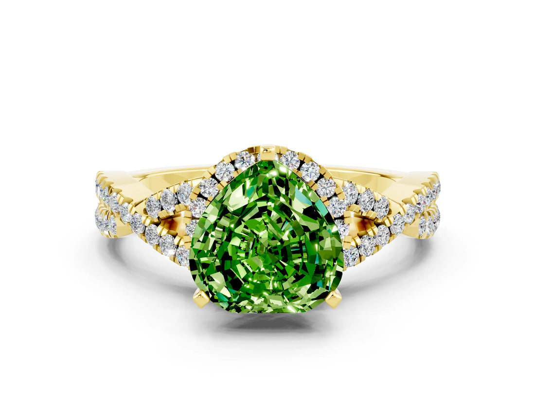 Yellow gold Heart Cut Peridot  Halo Twist Band Solitaire Prong Setting Ring_42