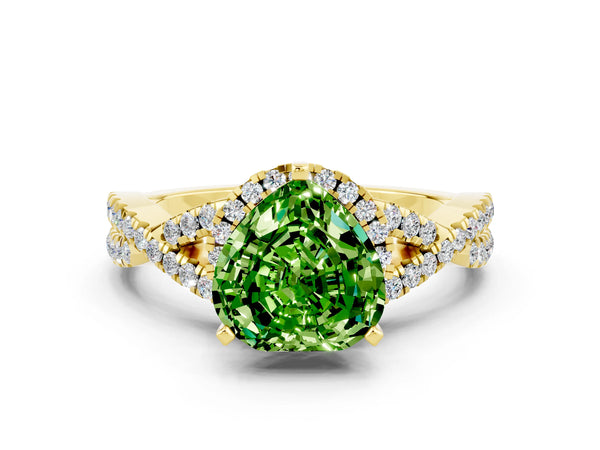 Yellow gold Heart Cut Peridot  Halo Twist Band Solitaire Prong Setting Ring