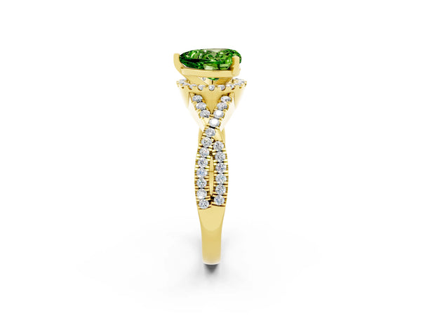 Yellow gold Heart Cut Peridot  Halo Twist Band Solitaire Prong Setting Ring