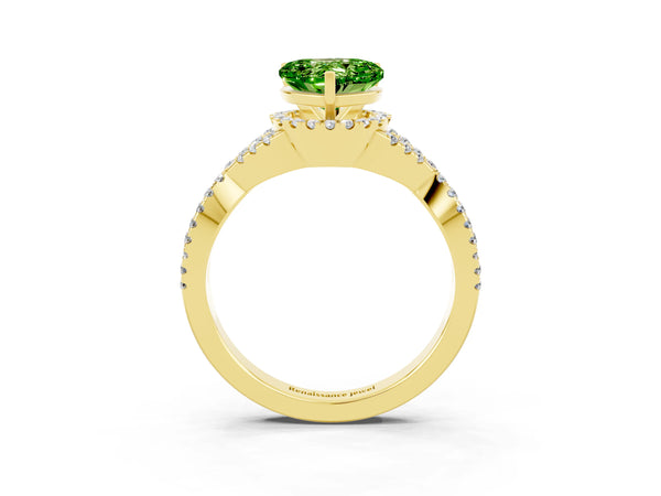 Yellow gold Heart Cut Peridot  Halo Twist Band Solitaire Prong Setting Ring