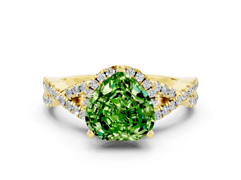 Yellow gold Heart Cut Peridot Halo Twist Band Solitaire Prong Setting Ring
