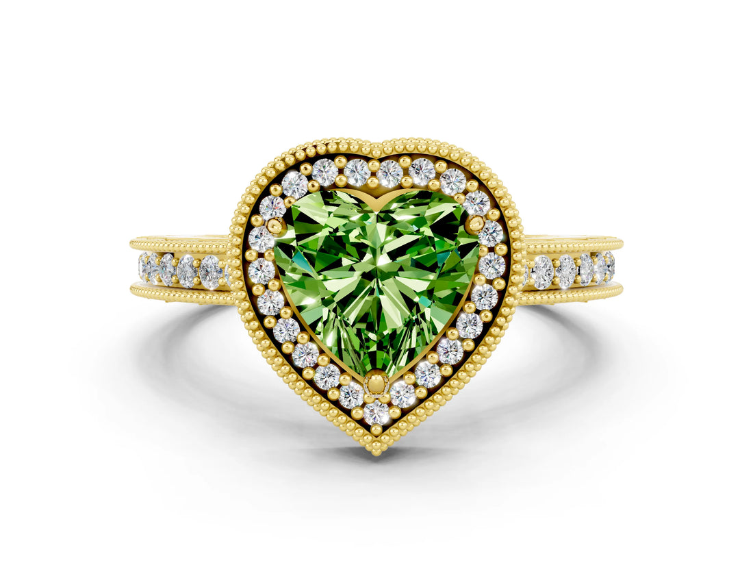 Yellow gold Heart Cut Peridot Milgrain Halo Engagement Ring with Round Pavé Band and Prong Setting_12