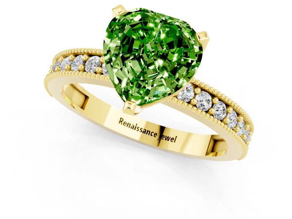 Yellow gold Heart Cut Peridot Milgrain Pavé Engagement Ring with Four-Prong Setting
