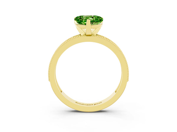 Yellow gold Heart Cut Peridot Milgrain Pavé Engagement Ring with Four-Prong Setting