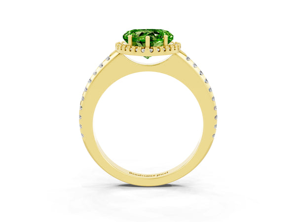 Yellow gold Heart Cut Peridot Pavé Halo Ring with Four-Prong Setting