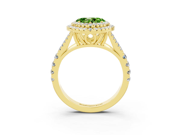 Yellow gold Heart Cut Peridot Pavé Split Shank Double Halo Engagement Ring