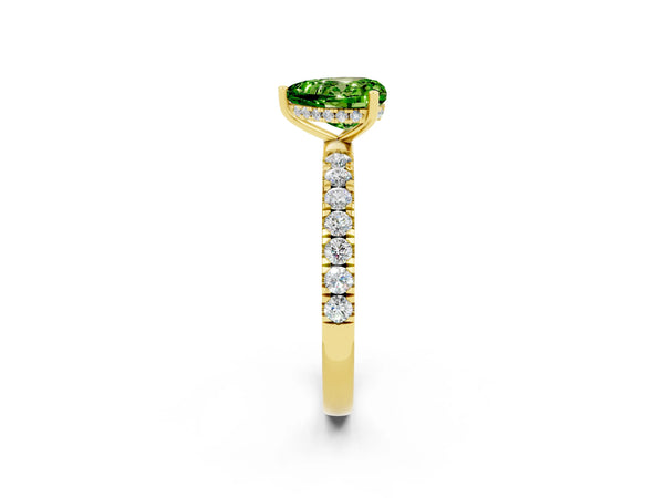 Yellow gold Heart Cut Peridot Pave Band Solitaire Ring with Round  and Prong Setting