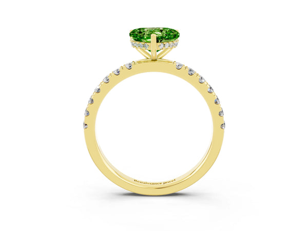 Yellow gold Heart Cut Peridot Pave Band Solitaire Ring with Round  and Prong Setting