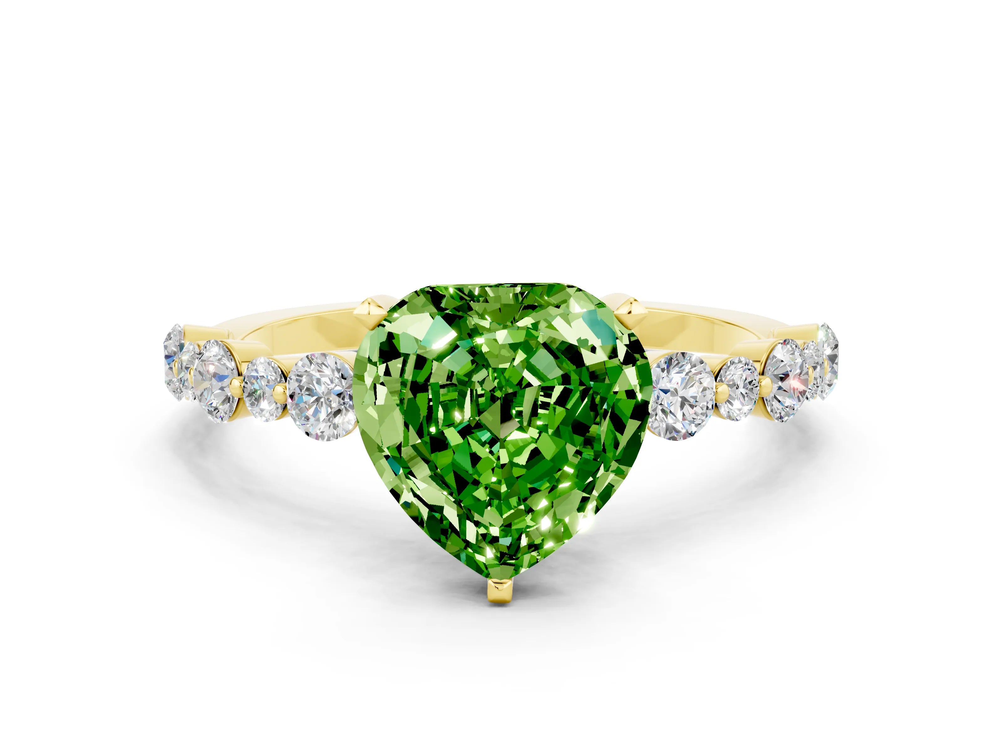 Yellow gold Heart Cut Peridot Prong Set Engagement Ring with Pavé Band