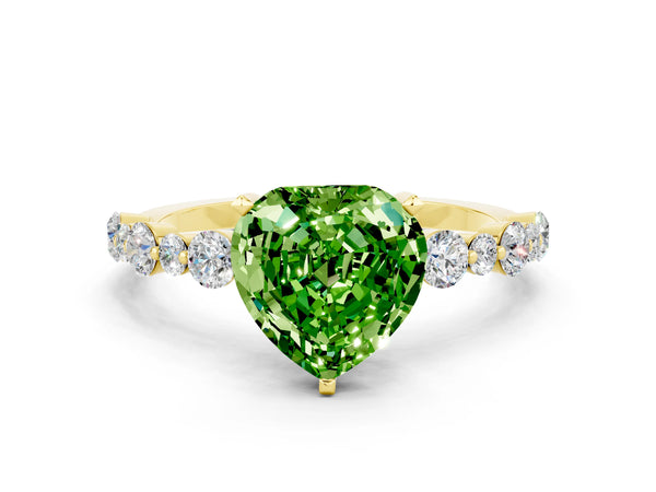 Yellow gold Heart Cut Peridot Prong Set Engagement Ring with Pavé Band