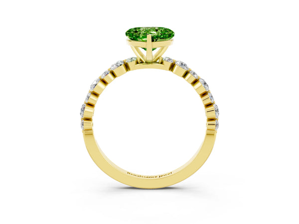 Yellow gold Heart Cut Peridot Prong Set Engagement Ring with Pavé Band