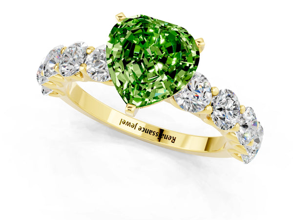 Yellow gold Heart Cut Peridot Prong Setting with Side Stones on a Pave Band