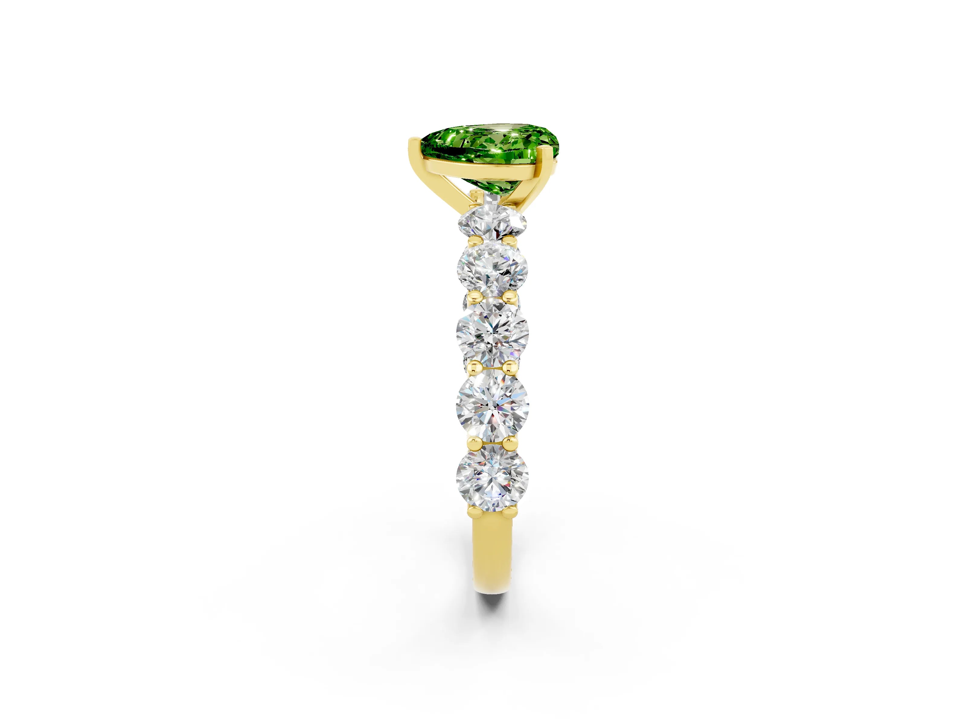 Yellow gold Heart Cut Peridot Prong Setting with Side Stones on a Pave Band_2