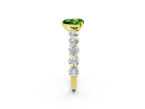 Yellow gold Heart Cut Peridot Prong Setting with Side Stones on a Pave Band_2