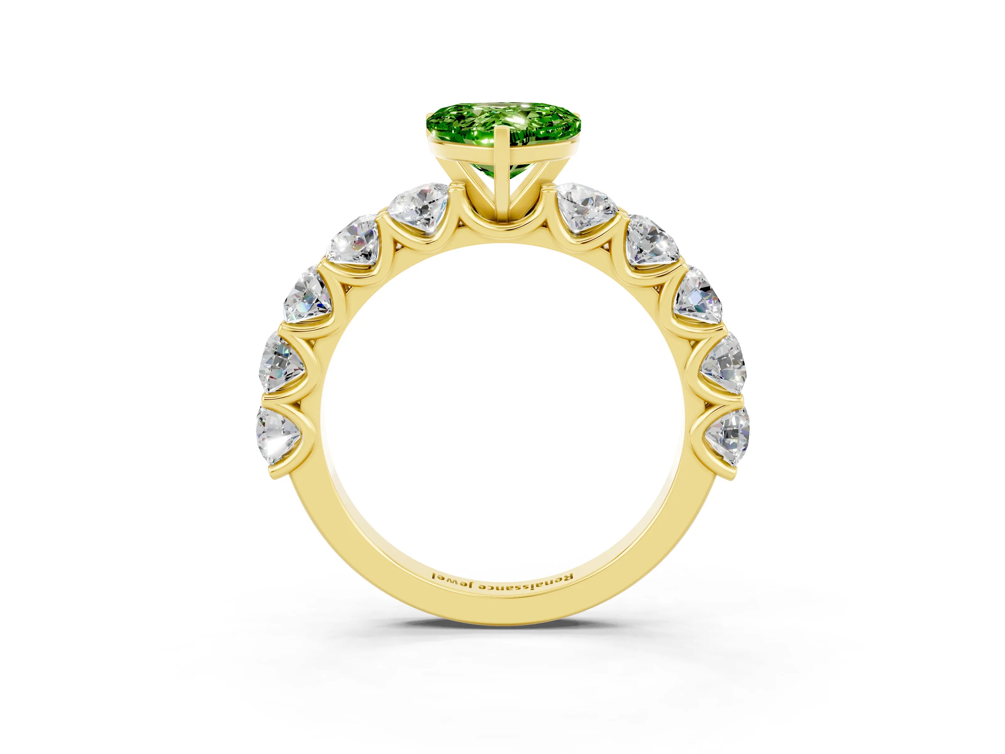 Yellow gold Heart Cut Peridot Prong Setting with Side Stones on a Pave Band_3