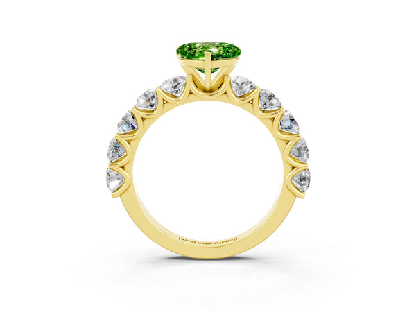 Yellow gold Heart Cut Peridot Prong Setting with Side Stones on a Pave Band