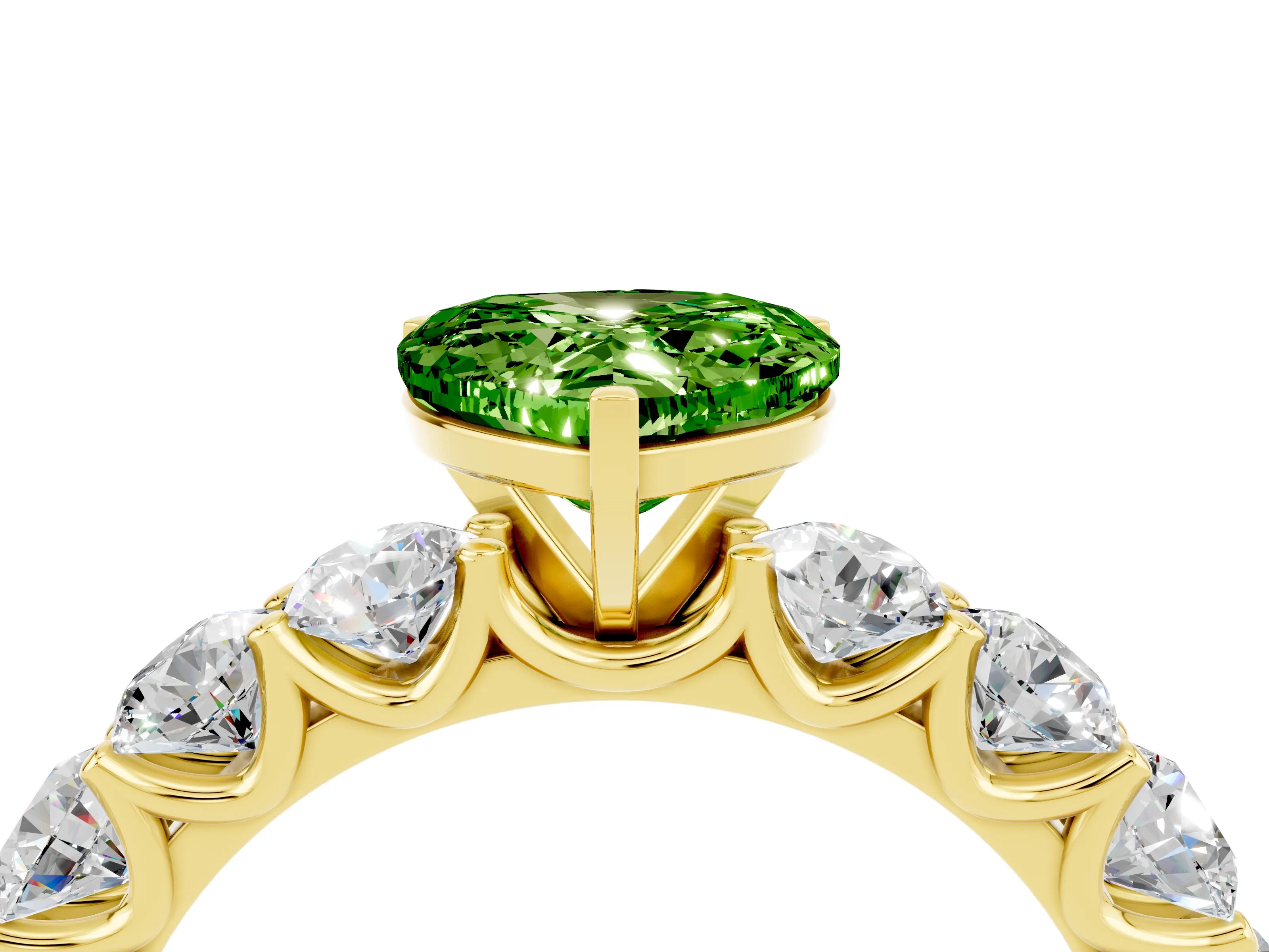 Yellow gold Heart Cut Peridot Prong Setting with Side Stones on a Pave Band_4