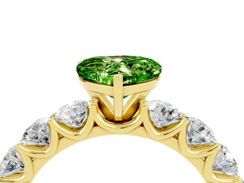 Yellow gold Heart Cut Peridot Prong Setting with Side Stones on a Pave Band_4