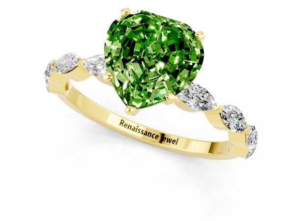 Yellow gold Heart Cut Peridot Ring with Marquise Side Stones and Prong Setting