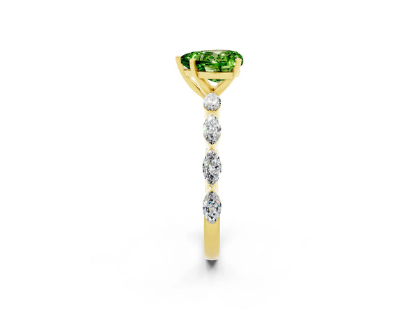 Yellow gold Heart Cut Peridot Ring with Marquise Side Stones and Prong Setting