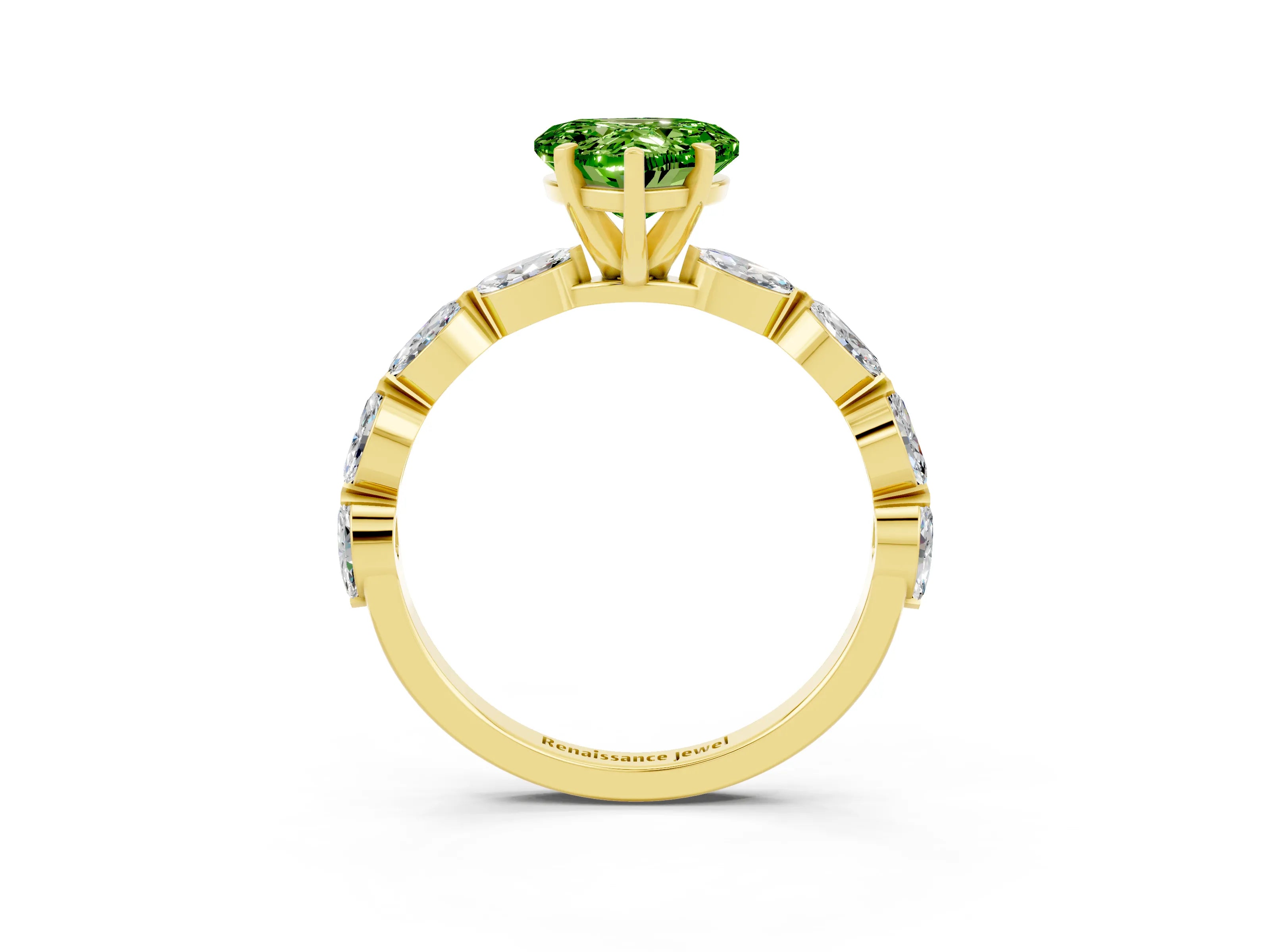 Yellow gold Heart Cut Peridot Ring with Marquise Side Stones and Prong Setting_3