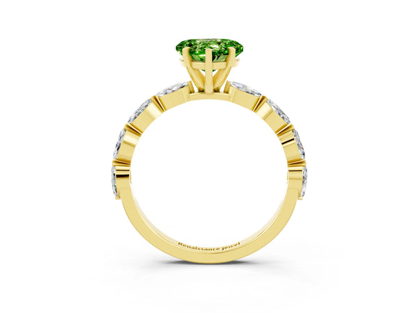 Yellow gold Heart Cut Peridot Ring with Marquise Side Stones and Prong Setting