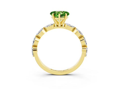 Yellow gold Heart Cut Peridot Ring with Marquise Side Stones and Prong Setting_3