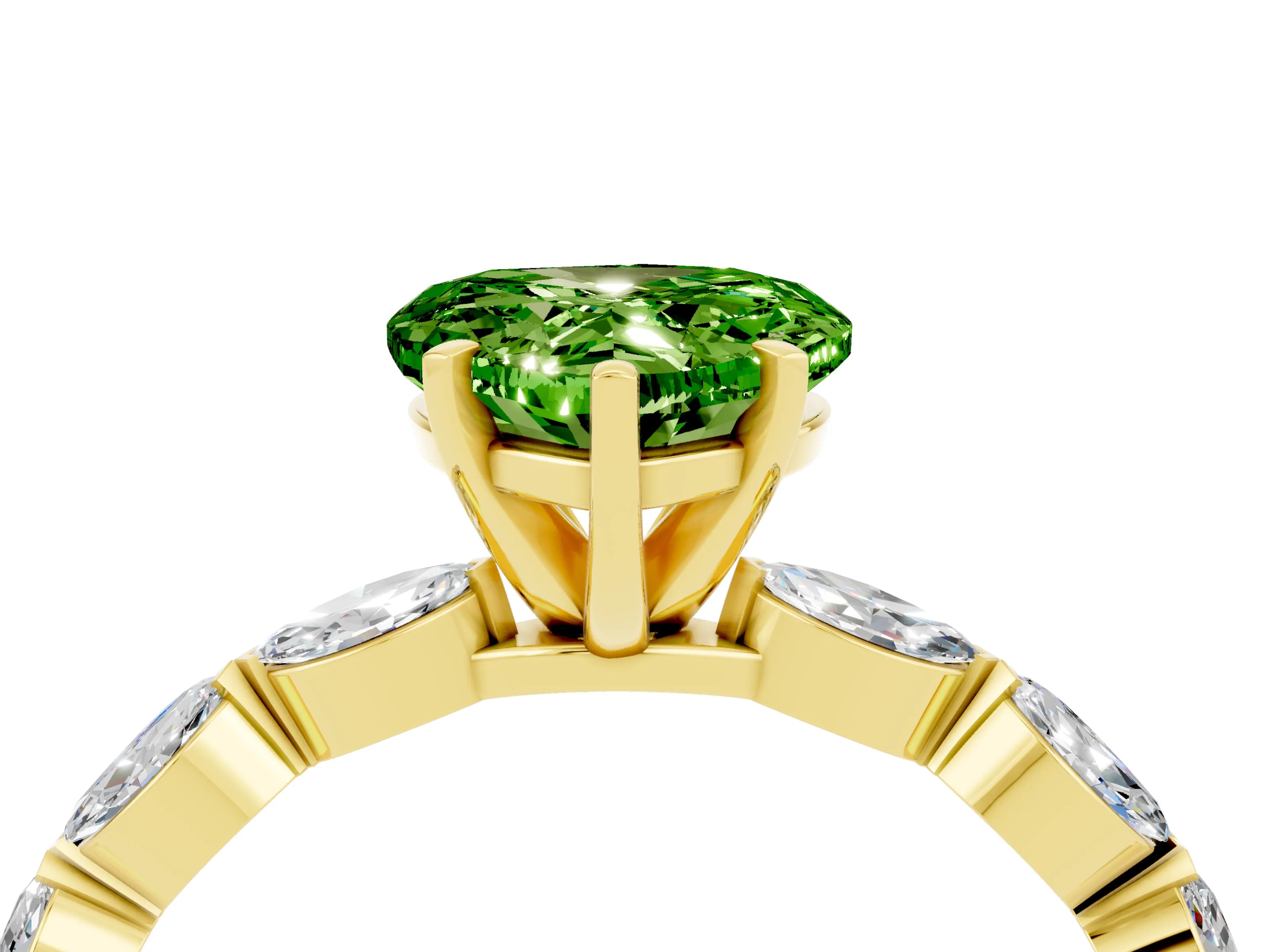 Yellow gold Heart Cut Peridot Ring with Marquise Side Stones and Prong Setting_4