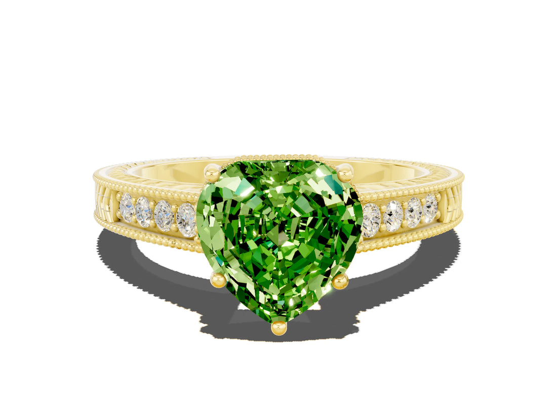 Yellow gold Heart Cut Peridot Ring with Milgrain Pavé Band and Four-Prong Setting_12