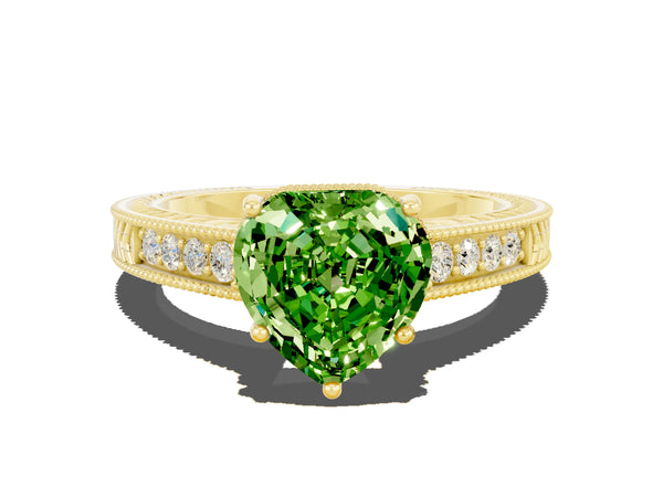 Yellow gold Heart Cut Peridot Ring with Milgrain Pavé Band and Four-Prong Setting