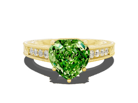 Yellow gold Heart Cut Peridot Ring with Milgrain Pavé Band and Four-Prong Setting_12