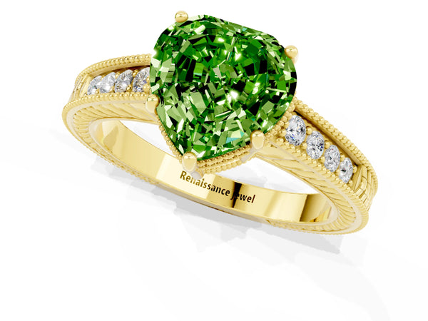 Yellow gold Heart Cut Peridot Ring with Milgrain Pavé Band and Four-Prong Setting