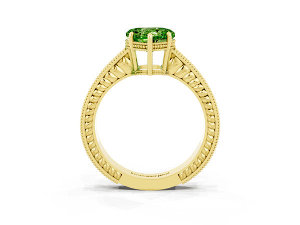 Yellow gold Heart Cut Peridot Ring with Milgrain Pavé Band and Four-Prong Setting