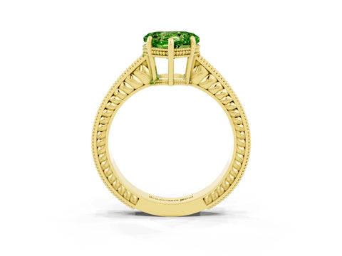 Yellow gold Heart Cut Peridot Ring with Milgrain Pavé Band and Four-Prong Setting_15