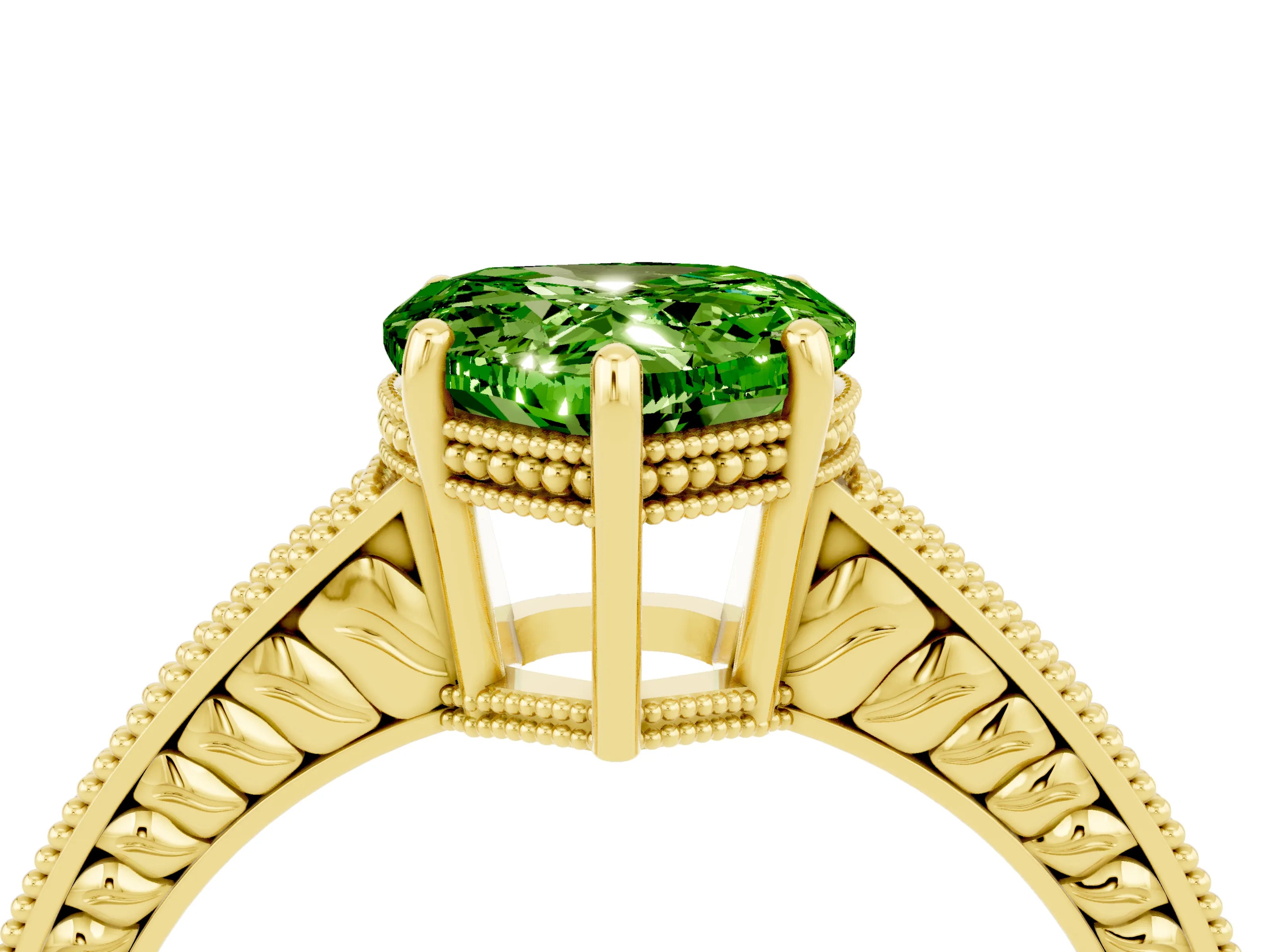 Yellow gold Heart Cut Peridot Ring with Milgrain Pavé Band and Four-Prong Setting_16